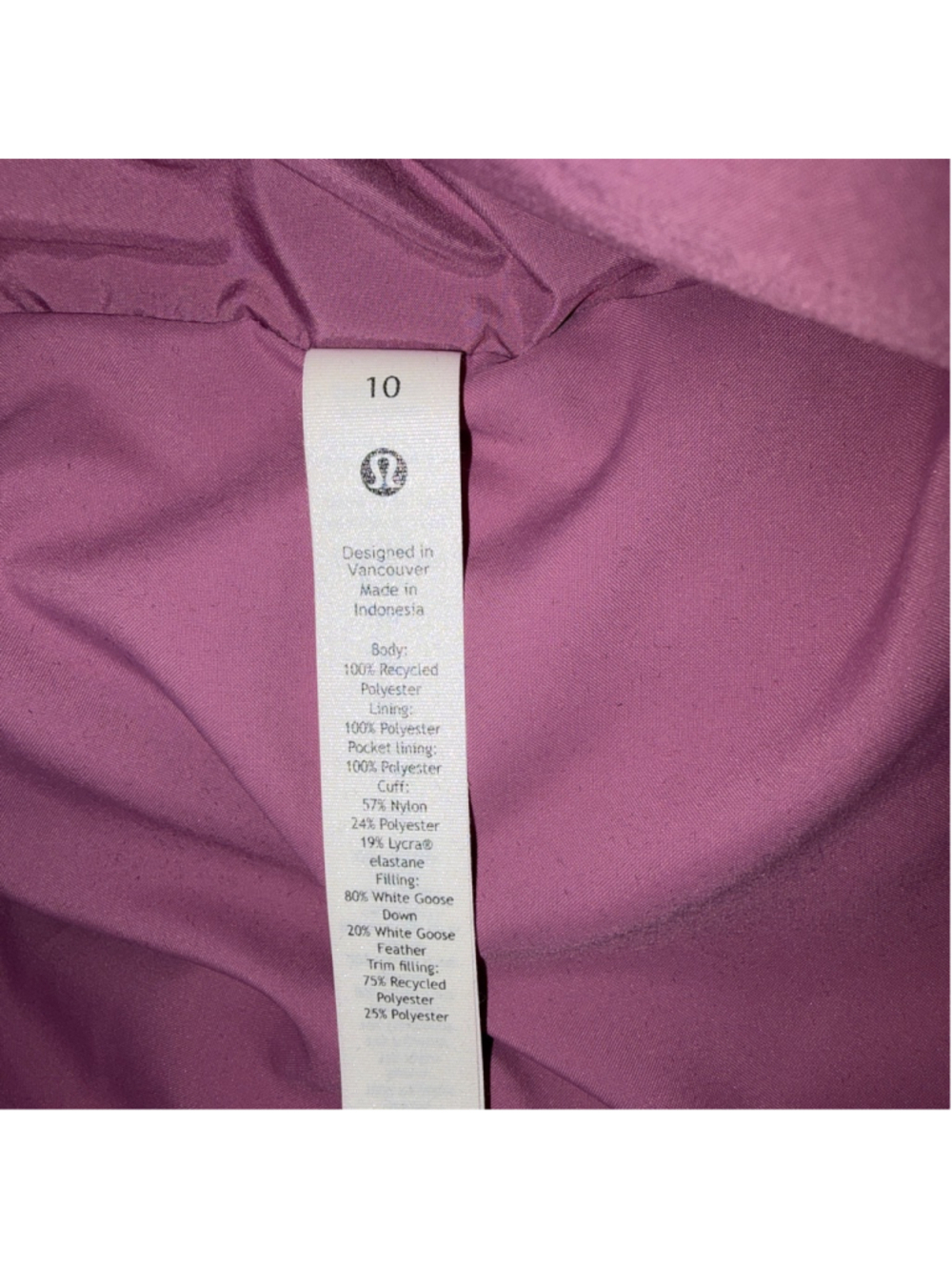 NWOT Women's Lululemon wunder Puff Jacket Size 10 Mauve - Picture 3 of 3